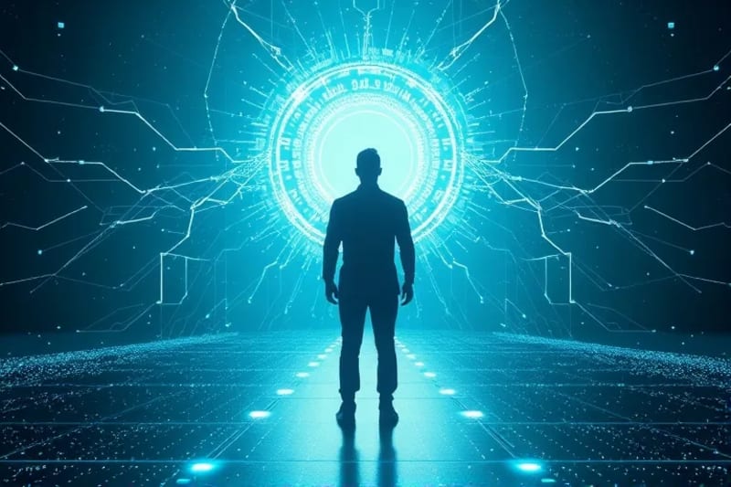 A minimalist 3D render showing an abstract human silhouette at a crossroads of glowing pathways, symbolizing free will and the ability to make independent choices in a technologically advanced world.