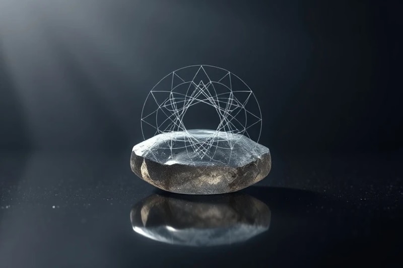 Hyper-realistic 3D render of a smooth crystal stone with a subtle vibrational field above it, symbolizing internal energy and transformation.
