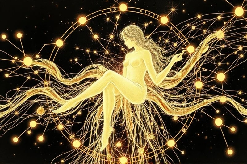 Representación abstracta de figuras humanas interactuando en una red de líneas y nodos brillantes, con símbolos astrológicos sutiles.