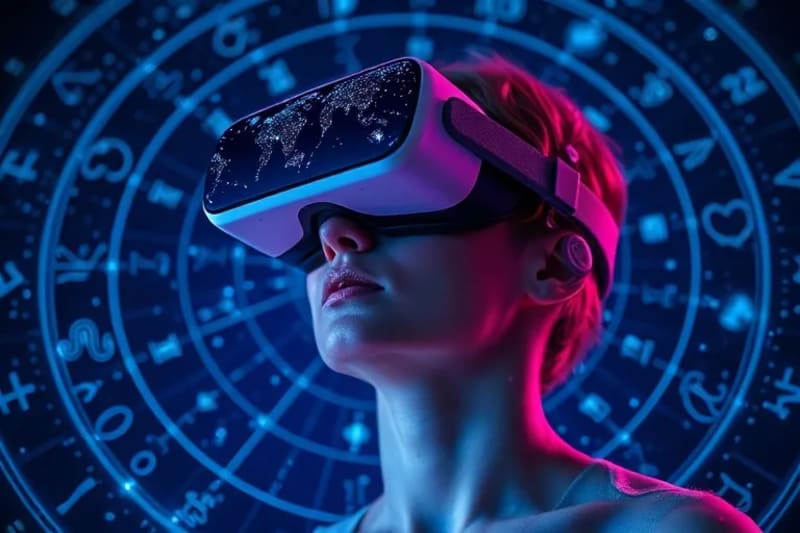 Una persona con gafas de realidad virtual inmersa en un entorno digital cósmico, con algoritmos predictivos visualizados como caminos brillantes.