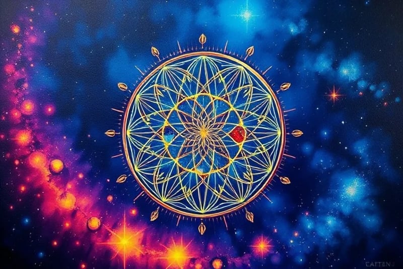 Intricate vector illustration of the Flower of Life symbol with cosmic background.