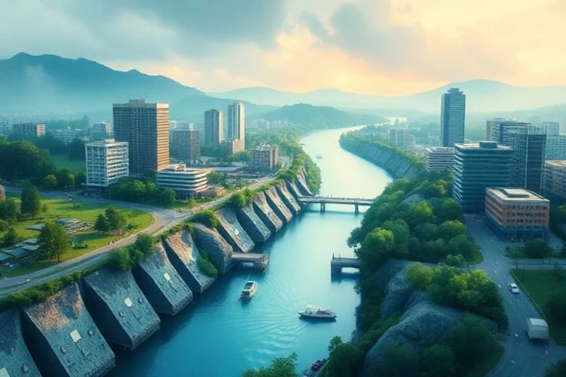 Río fluyendo hacia un desarrollo urbano sostenible con tecnología verde
