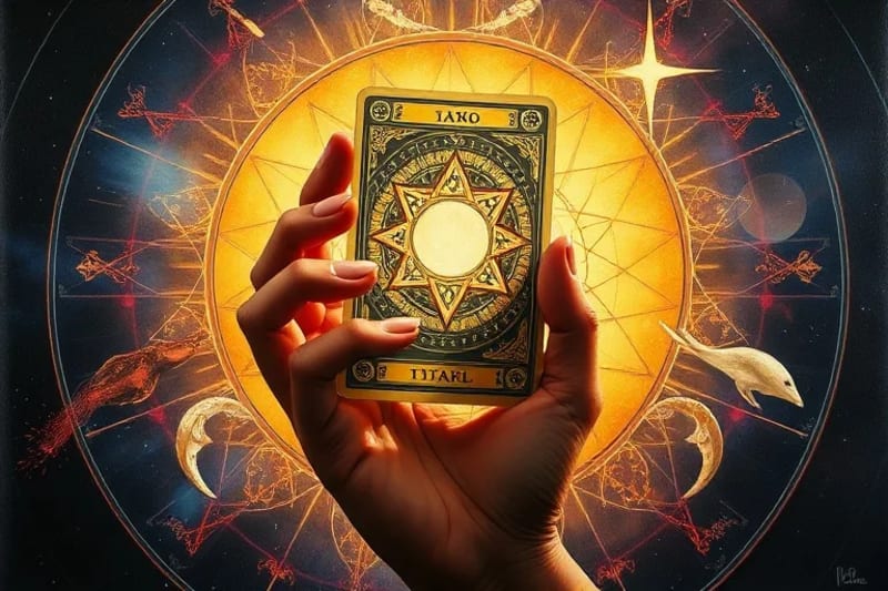 Oil painting of a hand holding a Tarot card with subtle geometric overlays.
