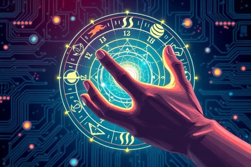 Persona con gafas de realidad virtual interactuando con una interfaz holográfica de datos astrológicos y patrones cósmicos.