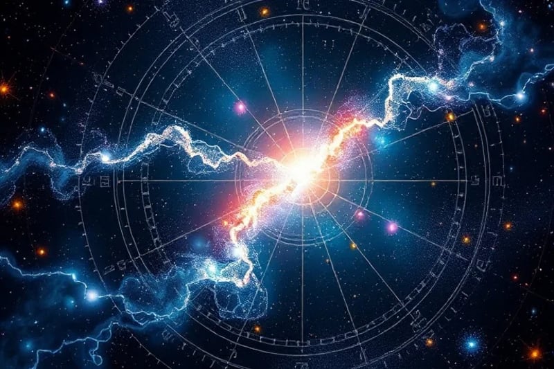 Representación abstracta de la conciencia humana conectada a una red cósmica de estrellas y energía, simbolizando la neuroastrología.