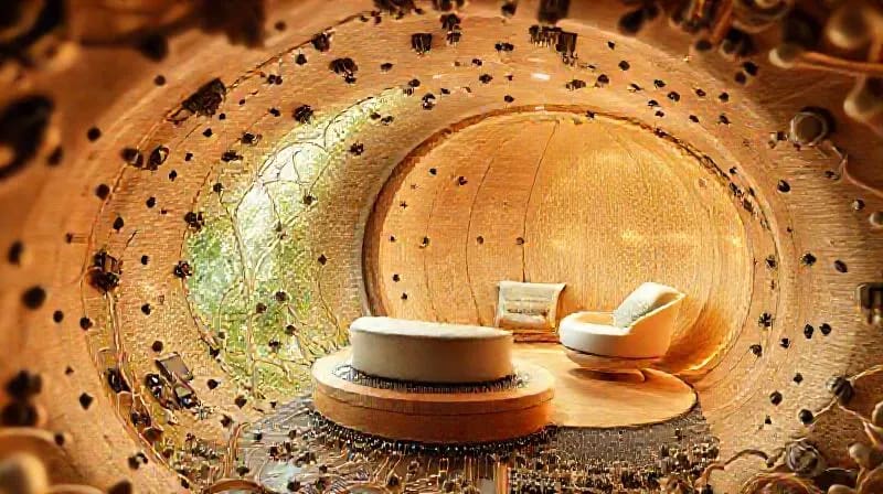 Render 3D de un pod de bienestar futurista con formas orgánicas, iluminación inteligente y materiales naturales.