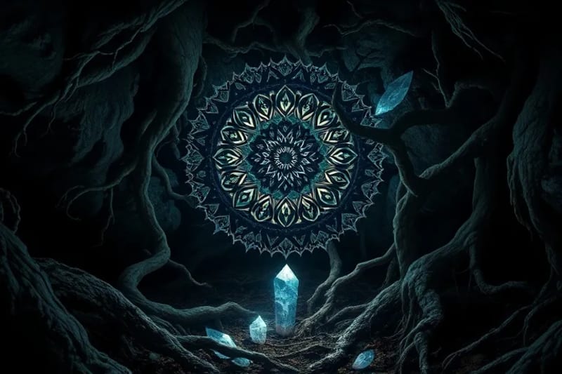 Abstract digital painting of intertwined tree roots delving into a dark cavern with hidden crystals.