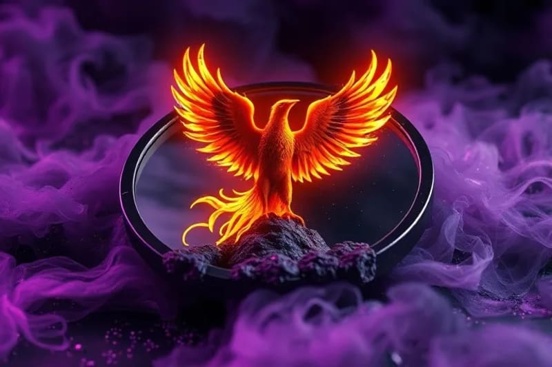 3D render of a polished obsidian mirror reflecting a phoenix rising from ashes, surrounded by smoky textures.