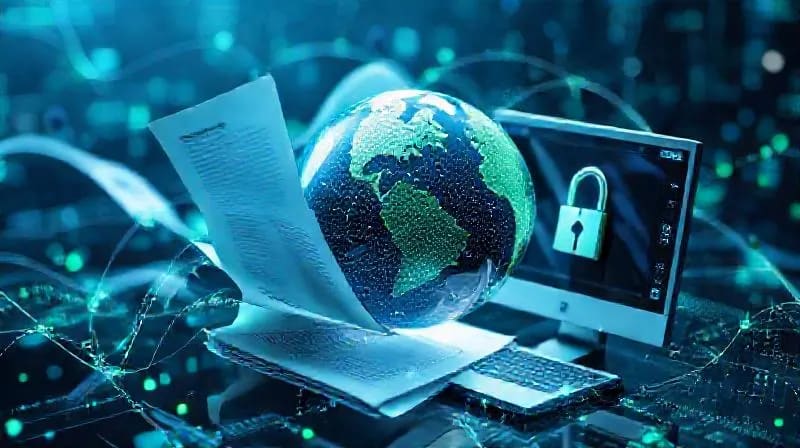 Stylized illustration of legal documents, a globe, and a computer screen with a padlock