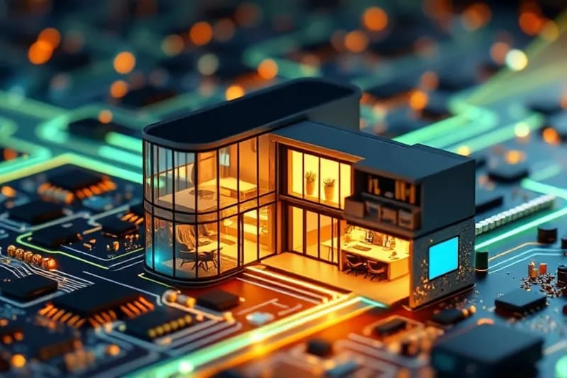 3D render of a modern office blending with a home office, connected by digital pathways