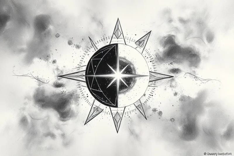Abstract 3D render of two merging glowing spheres, surrounded by geometric shapes and light particles, against a nebula background