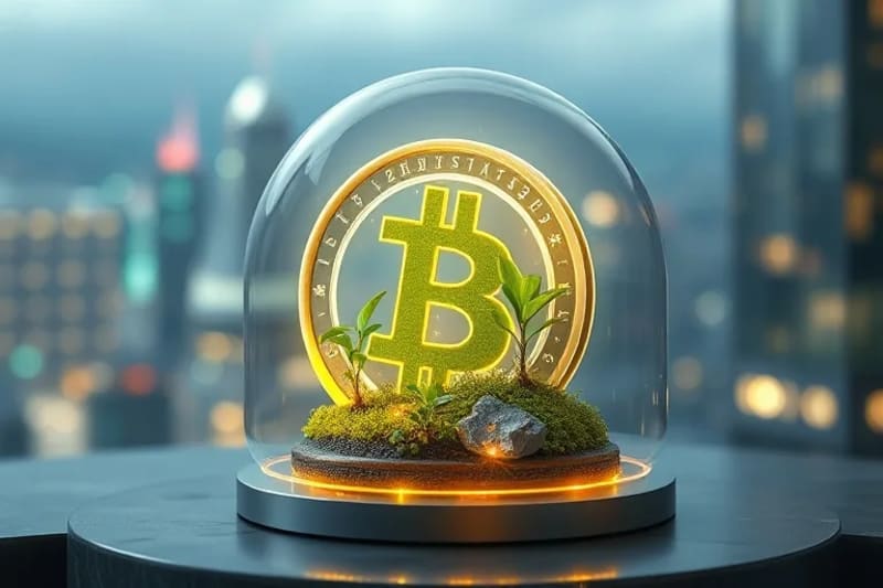 Glowing crypto coin in a miniature ecosystem