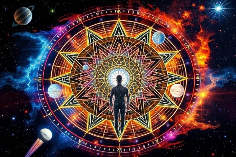 Figuras humanas abstractas navegando un mapa celestial con líneas de energía conectándolas a planetas en movimiento, simbolizando la interconexión de la experiencia humana con las fuerzas cósmicas.