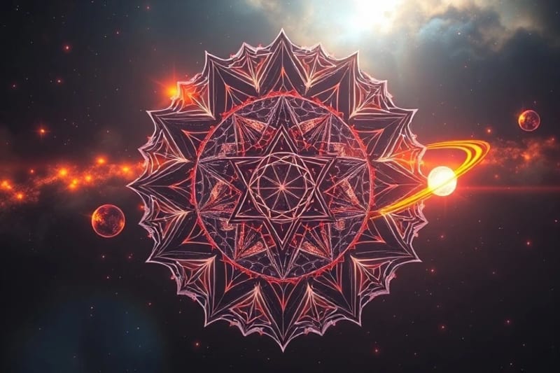 Representación abstracta de tiempo y cambio con estructuras cristalinas entrelazadas y esferas planetarias orbitando, simbolizando ciclos y transformaciones.