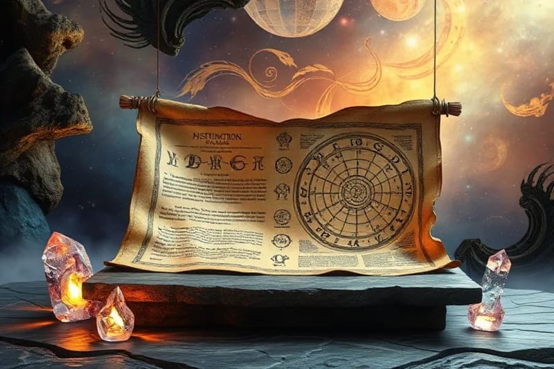 3D render of an ancient scroll with glowing, holographic text and intricate astrological charts, surrounded by translucent, light-refracting crystals.