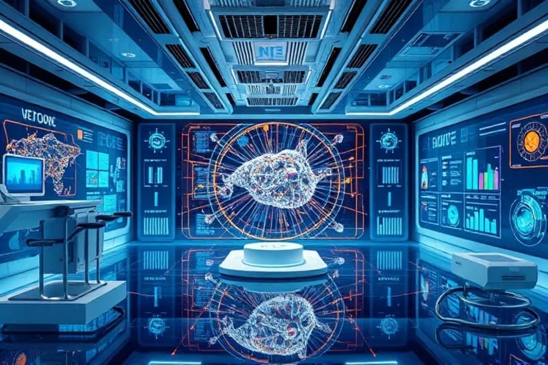 Laboratorio futurista con interfaces holográficas mostrando un concepto abstracto de vida digital.