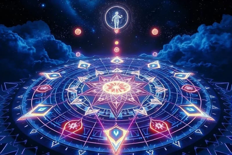 Render 3D de un laberinto cristalino con orbes luminosos y figuras translúcidas flotantes, representando guías astrales.