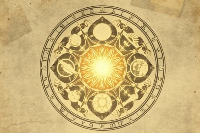 Intricate glowing mandala of planetary symbols and zodiac signs, representing a composite chart's energetic blueprint