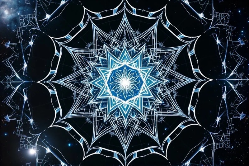 Abstract 3D render of interlocking geometric shapes and translucent crystalline structures, symbolizing energetic connections and karmic threads