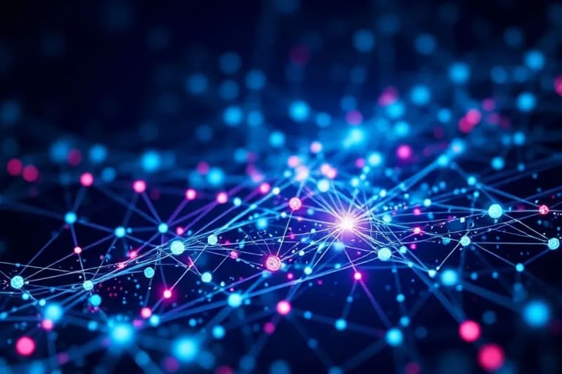 Abstract digital network with IP symbols, representing blockchain's role in securing virtual assets.