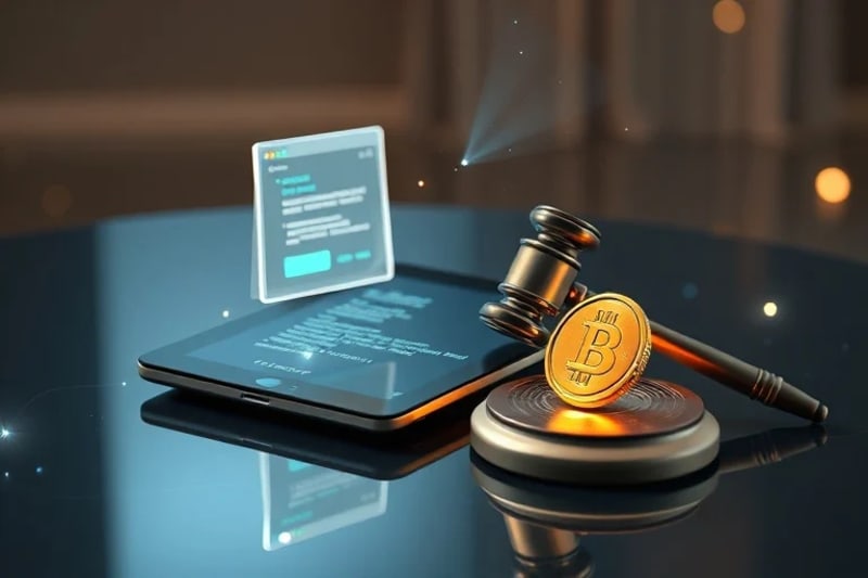 Conceptual still-life of legal and digital objects, symbolizing the intersection of law and technology.