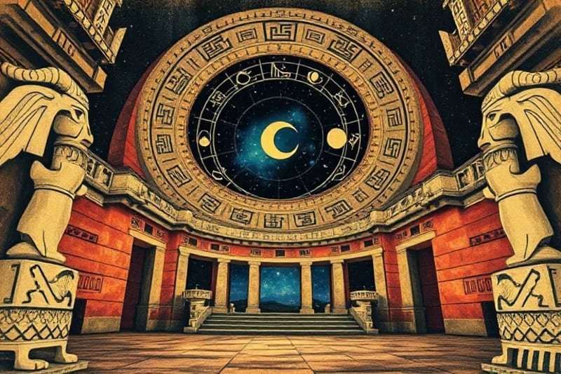 Mayan observatory with celestial glyphs and astronomers