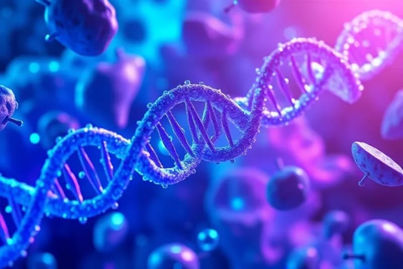 Microscopic view of cells regenerating DNA strands with nanobots