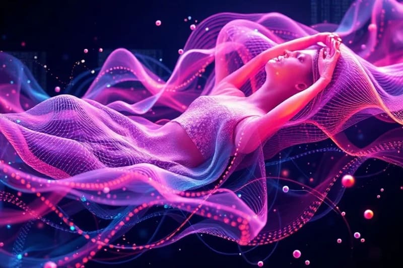 Abstract painting of flowing lines and vibrant colors representing time and vitality