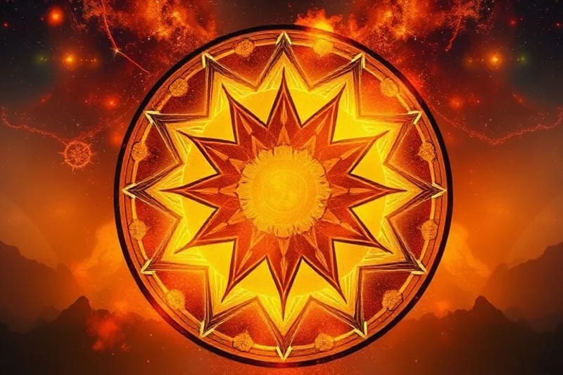 Un sol radiante iluminando dos figuras abstractas, simbolizando la influencia del signo solar en la personalidad y la relación.