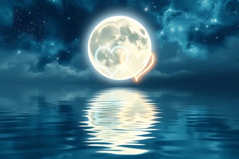Una luna brillante reflejándose en el agua, con formas de corazón interconectadas, simbolizando las necesidades emocionales y la intimidad.