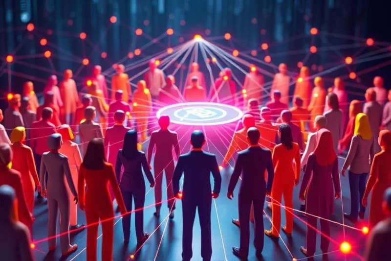 Representación abstracta de personas conectadas por líneas brillantes, formando una red segura y colaborativa.