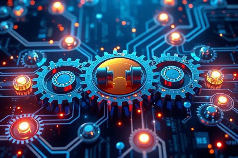 Modelo conceptual de un contrato inteligente en acción, con engranajes y bloques de datos interconectados y fluyendo.
