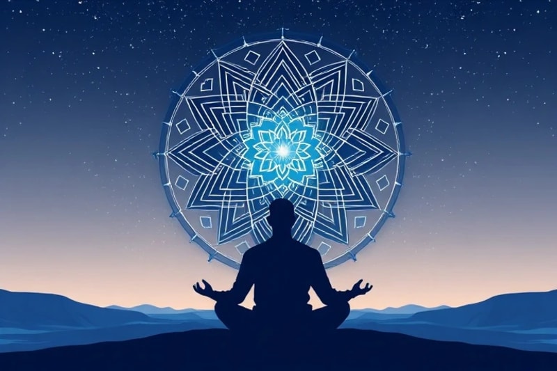 Minimalist vector illustration of a person meditating in front of a laptop with harmonious screen patterns