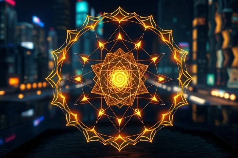 Conceptual 3D render of a digital altar with glowing geometric shapes and an energy orb, blending nature and technology