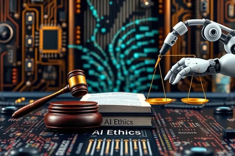 Stylized courtroom scene with a judge's gavel over copyright law books, a robot arm with a paintbrush, and a human hand with a pen, balanced by scales of justice.