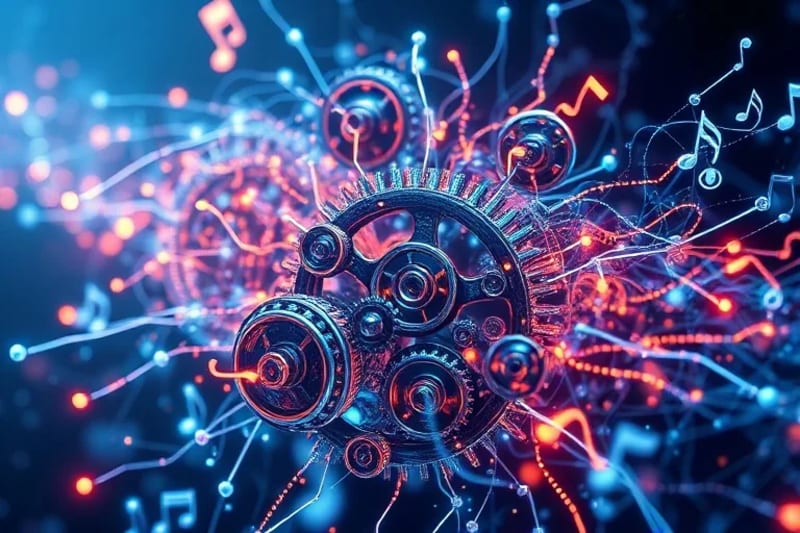 Abstract digital painting of intertwined gears and neural network patterns dissolving into traditional art tools like paintbrushes, musical notes, and literary symbols.