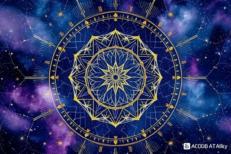 Watercolor painting of celestial map intertwined with circuit board patterns