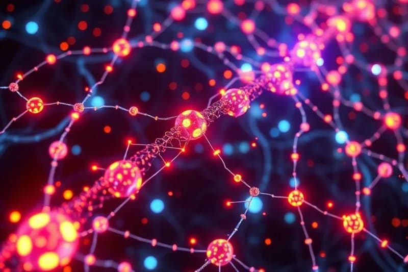 Red de datos interconectados y vías neuronales brillantes