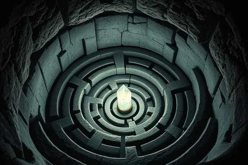 3D render of an intricate labyrinth with a glowing crystal at its center, symbolizing the journey through challenges to inner wisdom.