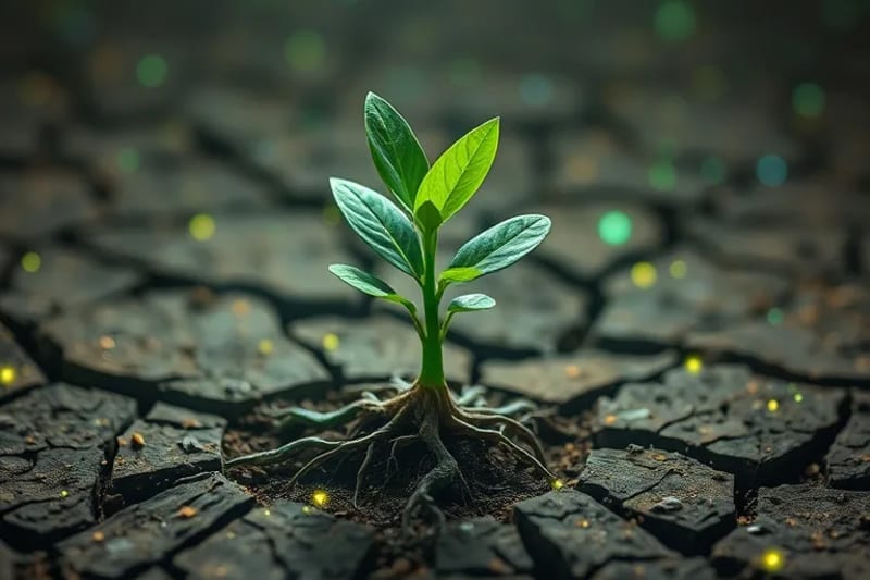 Brote de planta creciendo en tierra agrietada con elementos tecnológicos, simbolizando la regeneración impulsada por la innovación.