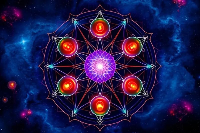 Representación abstracta de los siete chakras como orbes de luz vibrantes interconectados, con un fondo cósmico.