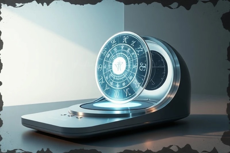 3D render of a futuristic sound therapy device emitting gentle light and holographic vibrations in a minimalist healing space.