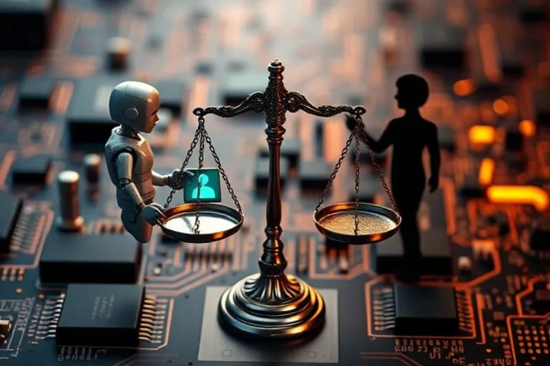 Escalas de justicia equilibrando un robot y un humano, con elementos digitales abstractos.