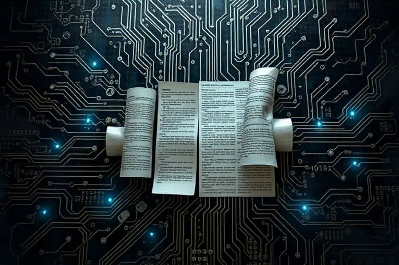 Representación 3D de un circuito y documentos legales entrelazados, simbolizando la regulación tecnológica.