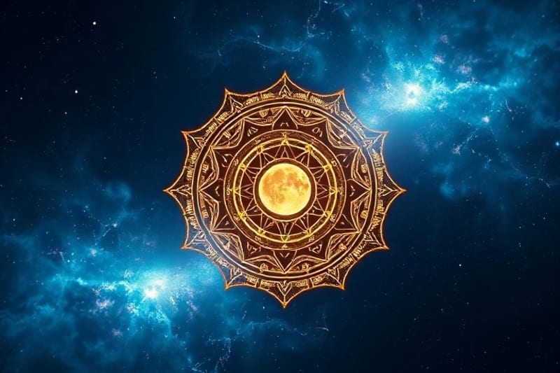 Abstract 3D render of glowing lunar calendar symbols and esoteric diagrams