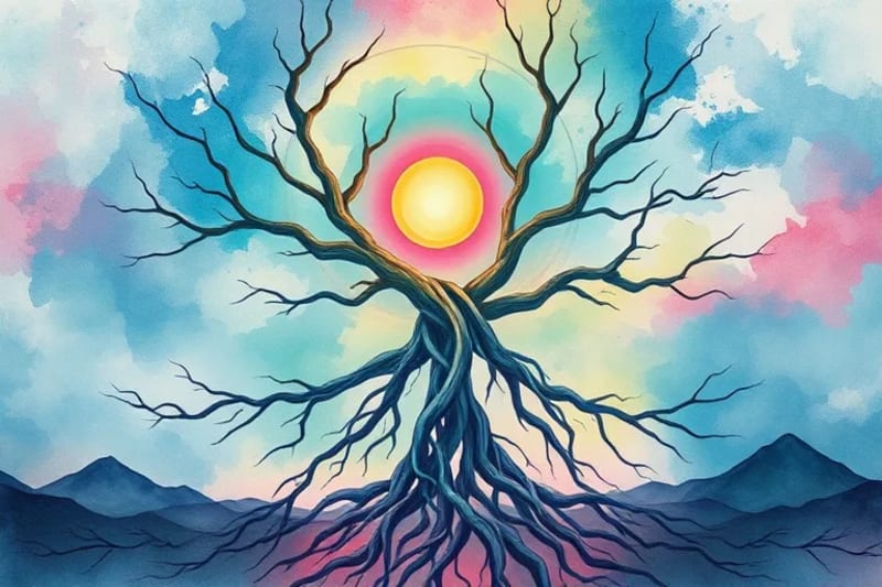 Ilustración acuarela de raíces y ramas entrelazadas que forman un orbe luminoso