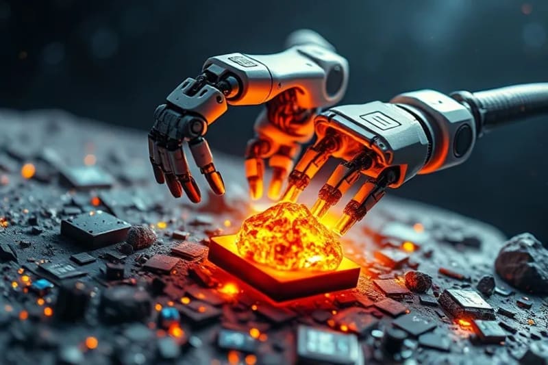 Robots mineros extrayendo recursos de un asteroide