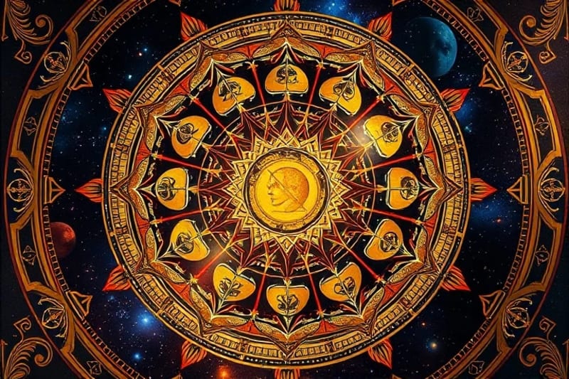 Illustrated ancient manuscripts displaying symbols and glyphs of 28 Lunar Mansions, with celestial patterns and a quill pen.