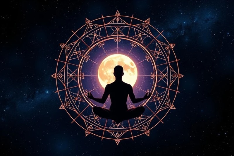 Meditative human silhouette surrounded by cosmic energy, with a glowing moon segmented into 28 sections, representing Lunar Mansions.