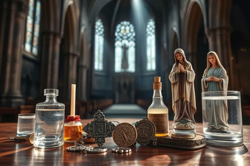 Variedad de sacramentales católicos: rosario, escapulario, medalla de San Benito, agua bendita y estatua de la Virgen María sobre una mesa de madera.